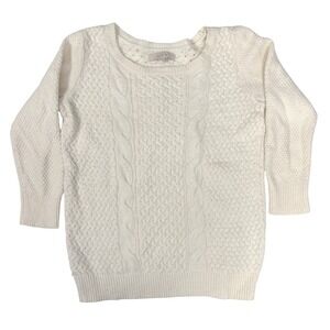 LOFT Cable Knit Sweater Cream Wool Rabbit Hair Blend Womens M 3/4 Length Sleeve